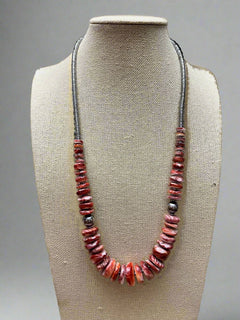 Red Spiny Oyster Graduated Necklace - 23 inch - Cowhide and Conchos
