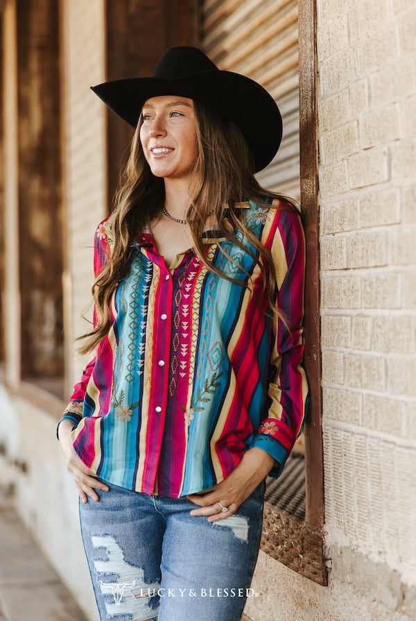Red Turquoise Serape Pearl Snap Button Down Embroidered Top - Cowhide and Conchos