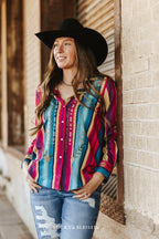 Red Turquoise Serape Pearl Snap Button Down Embroidered Top - Cowhide and Conchos