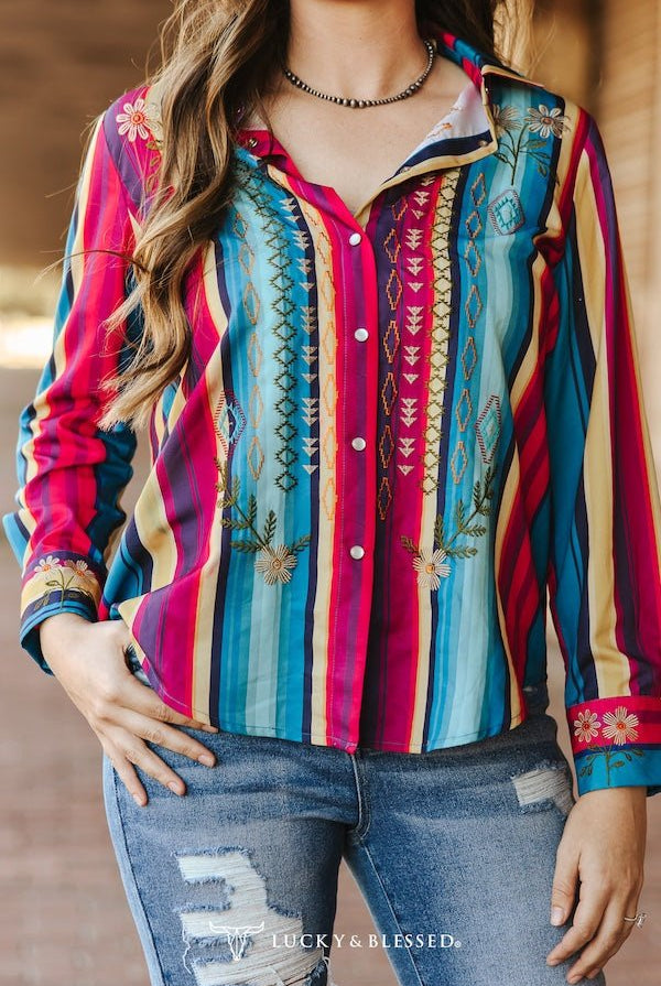 Red Turquoise Serape Pearl Snap Button Down Embroidered Top - Cowhide and Conchos