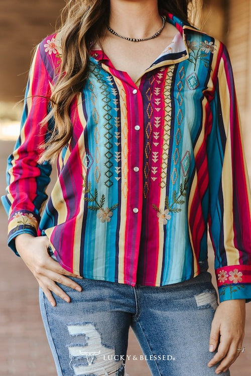 Red Turquoise Serape Pearl Snap Button Down Embroidered Top - Cowhide and Conchos