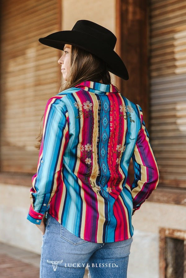 Red Turquoise Serape Pearl Snap Button Down Embroidered Top - Cowhide and Conchos