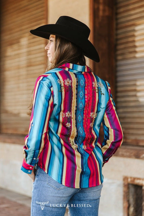 Red Turquoise Serape Pearl Snap Button Down Embroidered Top - Cowhide and Conchos