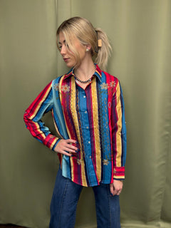 Red Turquoise Serape Pearl Snap Button Down Embroidered Top - Cowhide and Conchos