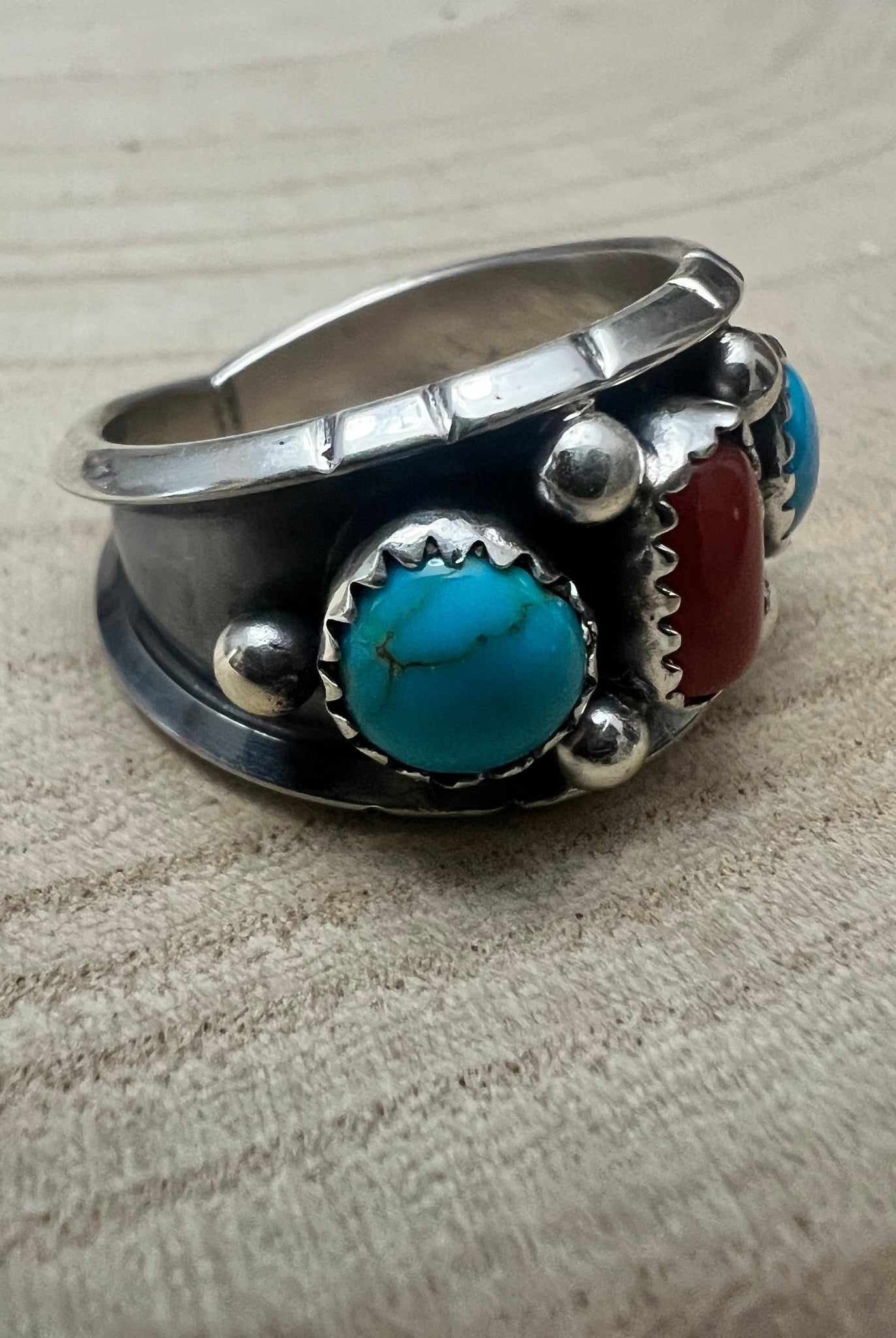Reed Charley Navajo Handmade Kingman Turquoise and Coral Ring - Cowhide and Conchos
