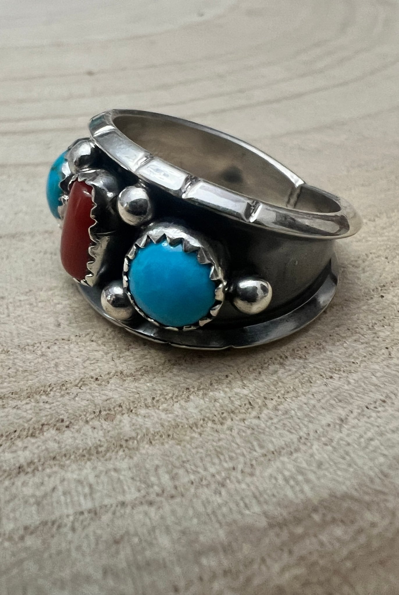 Reed Charley Navajo Handmade Kingman Turquoise and Coral Ring - Cowhide and Conchos