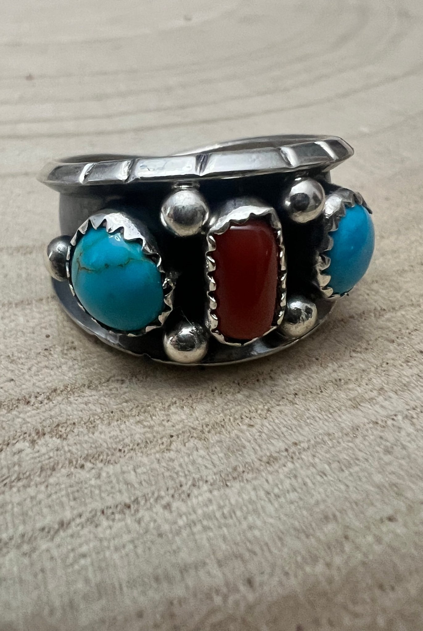 Reed Charley Navajo Handmade Kingman Turquoise and Coral Ring - Cowhide and Conchos