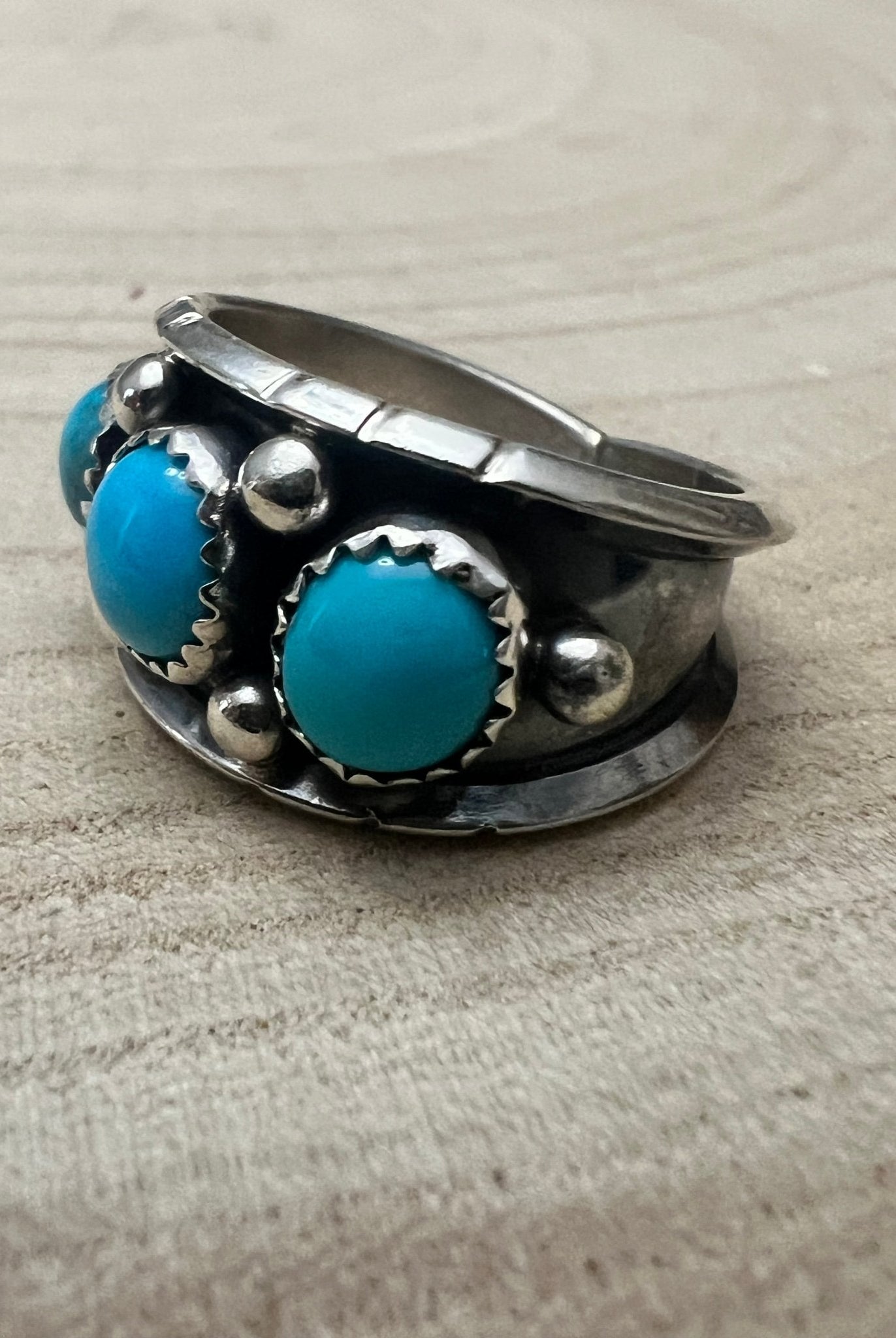 Reed Charley Navajo Handmade Kingman Turquoise Ring - Cowhide and Conchos