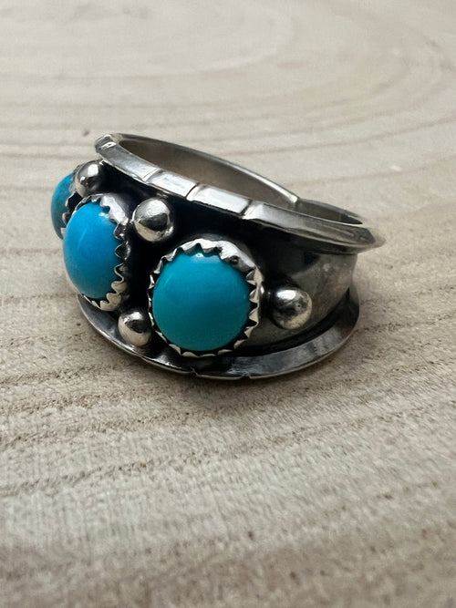 Reed Charley Navajo Handmade Kingman Turquoise Ring - Cowhide and Conchos