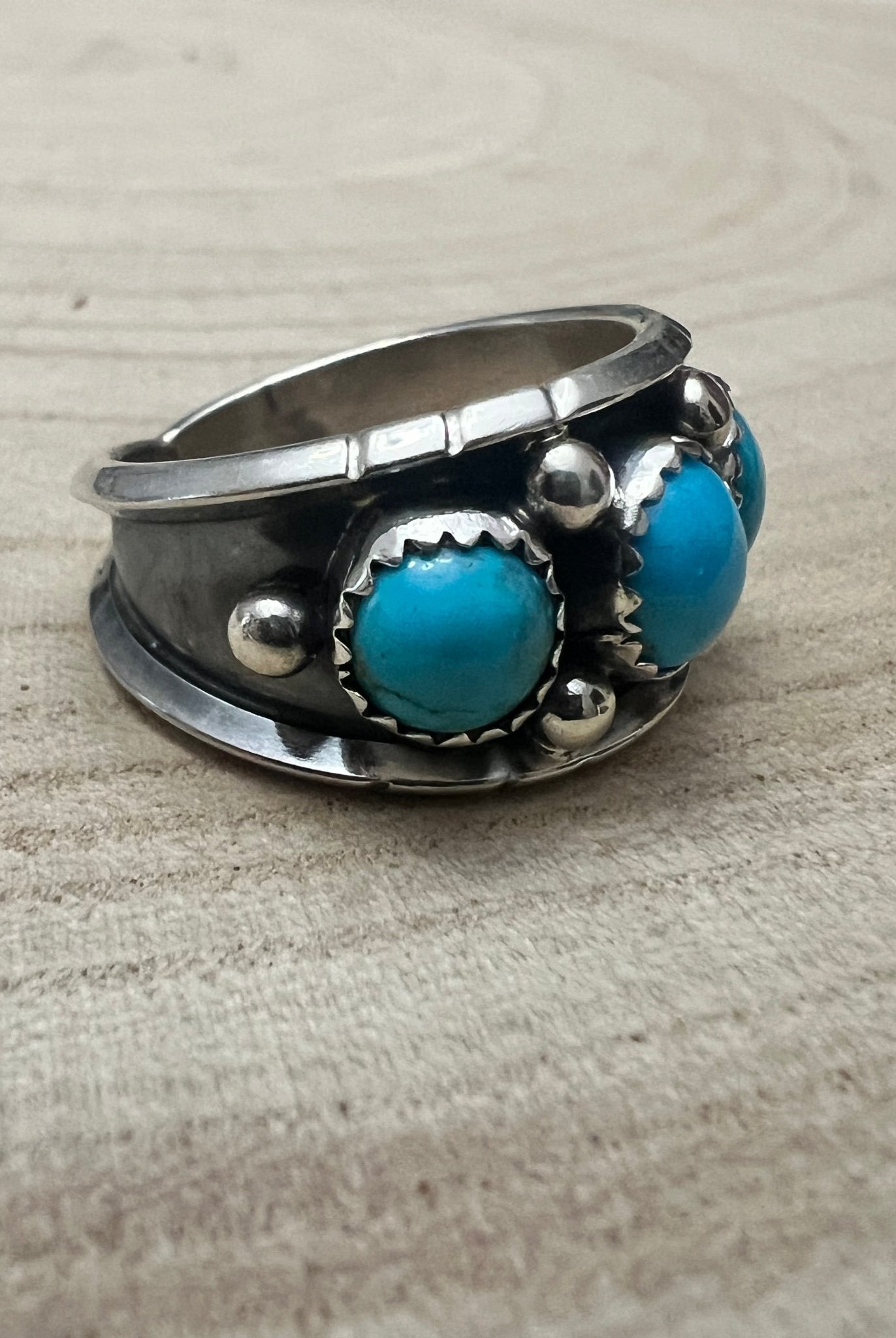 Reed Charley Navajo Handmade Kingman Turquoise Ring - Cowhide and Conchos