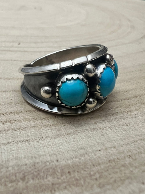 Reed Charley Navajo Handmade Kingman Turquoise Ring - Cowhide and Conchos
