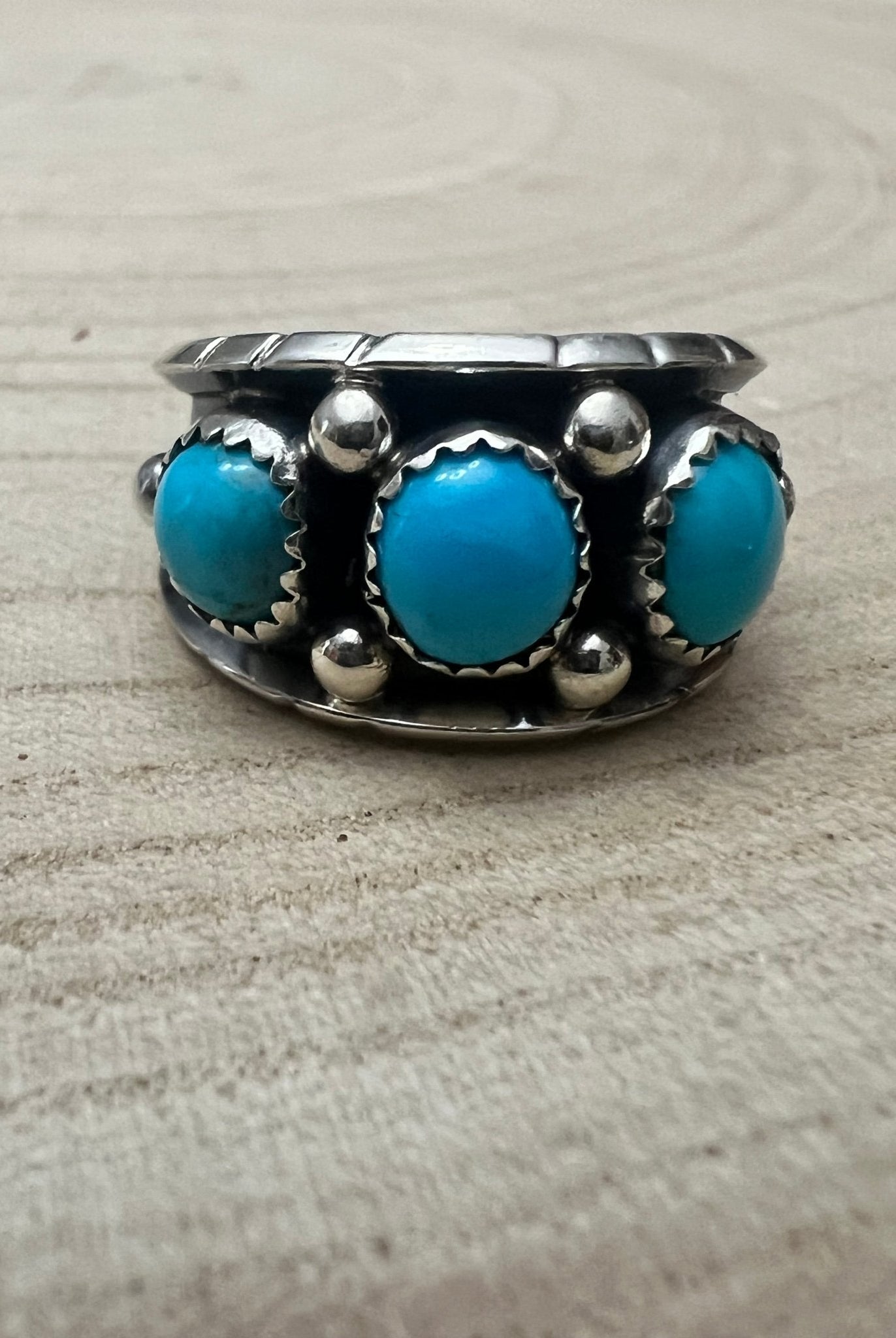 Reed Charley Navajo Handmade Kingman Turquoise Ring - Cowhide and Conchos