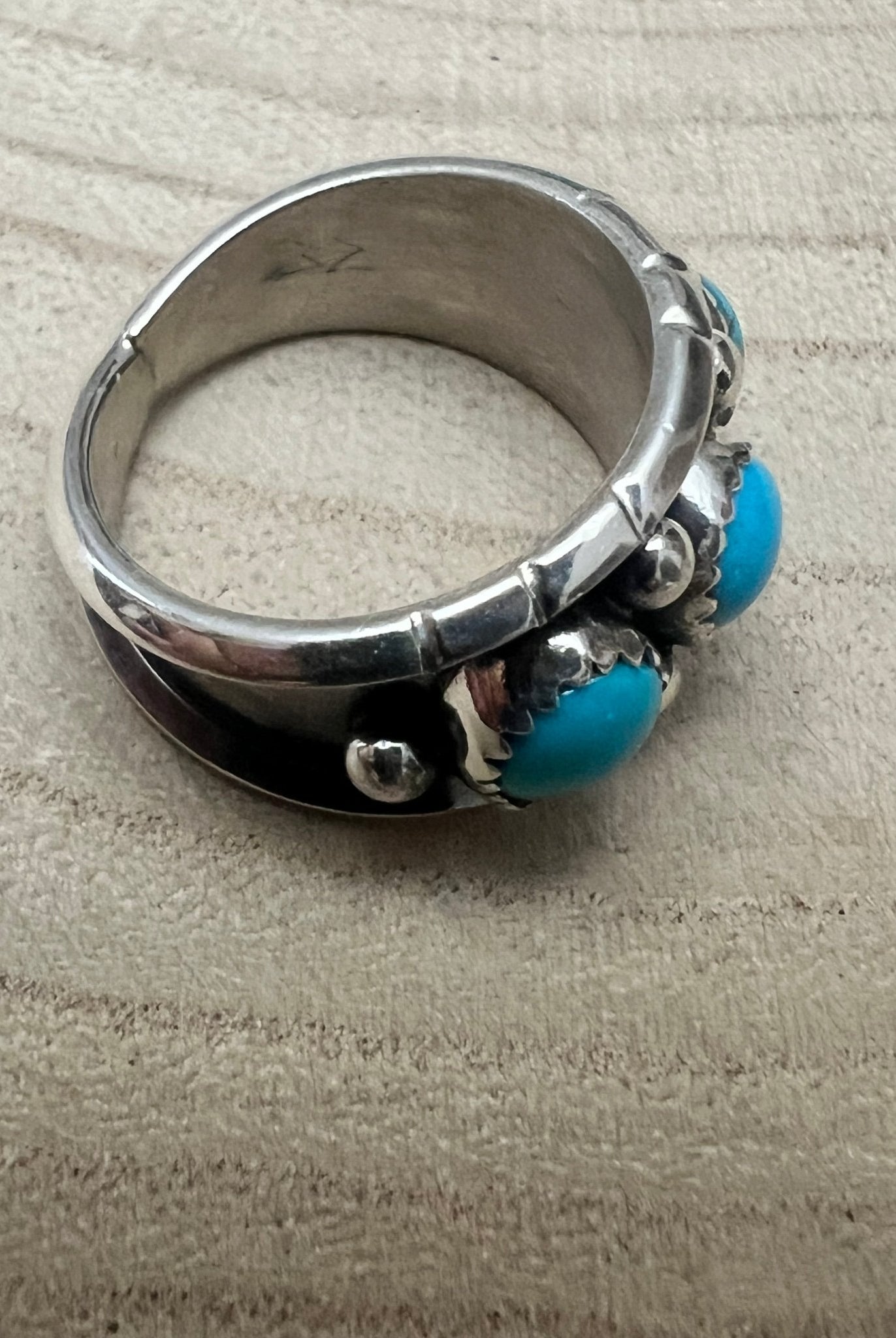 Reed Charley Navajo Handmade Kingman Turquoise Ring - Cowhide and Conchos
