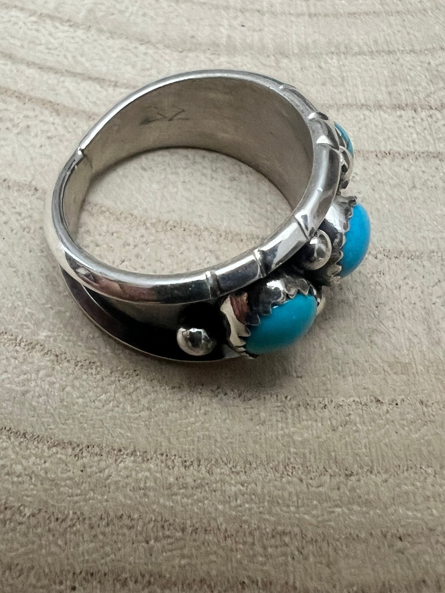 Reed Charley Navajo Handmade Kingman Turquoise Ring - Cowhide and Conchos
