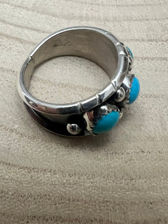 Reed Charley Navajo Handmade Kingman Turquoise Ring - Cowhide and Conchos