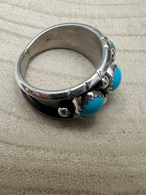 Reed Charley Navajo Handmade Kingman Turquoise Ring - Cowhide and Conchos