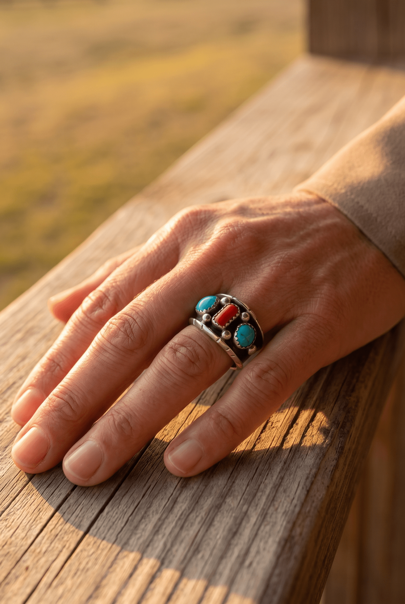 Reed Charley Navajo Kingman Turquoise & Coral Sterling Silver Ring - Cowhide and Conchos