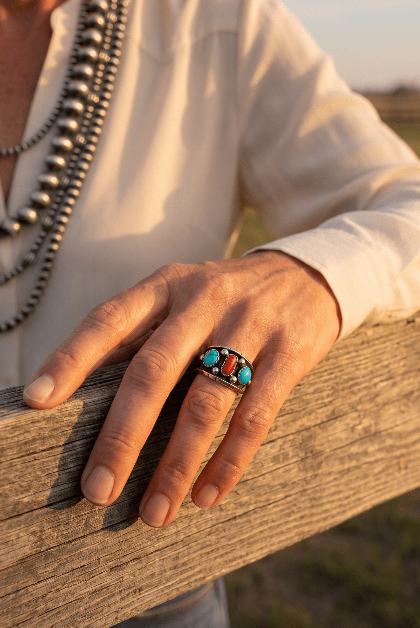 Reed Charley Navajo Kingman Turquoise & Coral Sterling Silver Ring - Cowhide and Conchos
