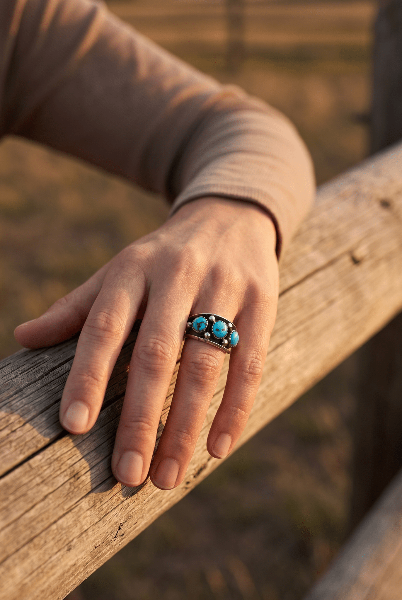 Reed Charley Navajo Kingman Turquoise Sterling Silver Ring - Cowhide and Conchos