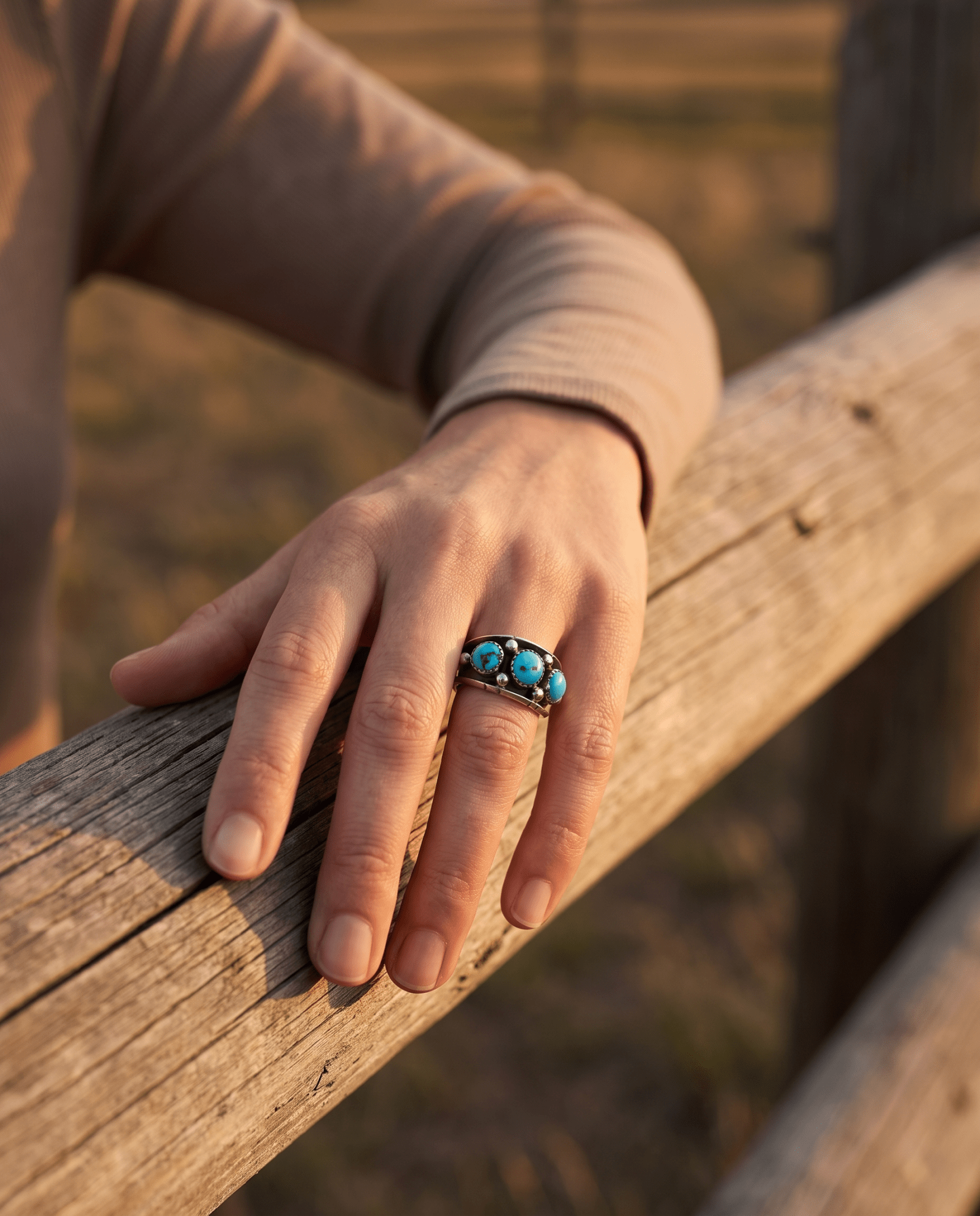 Reed Charley Navajo Kingman Turquoise Sterling Silver Ring - Cowhide and Conchos