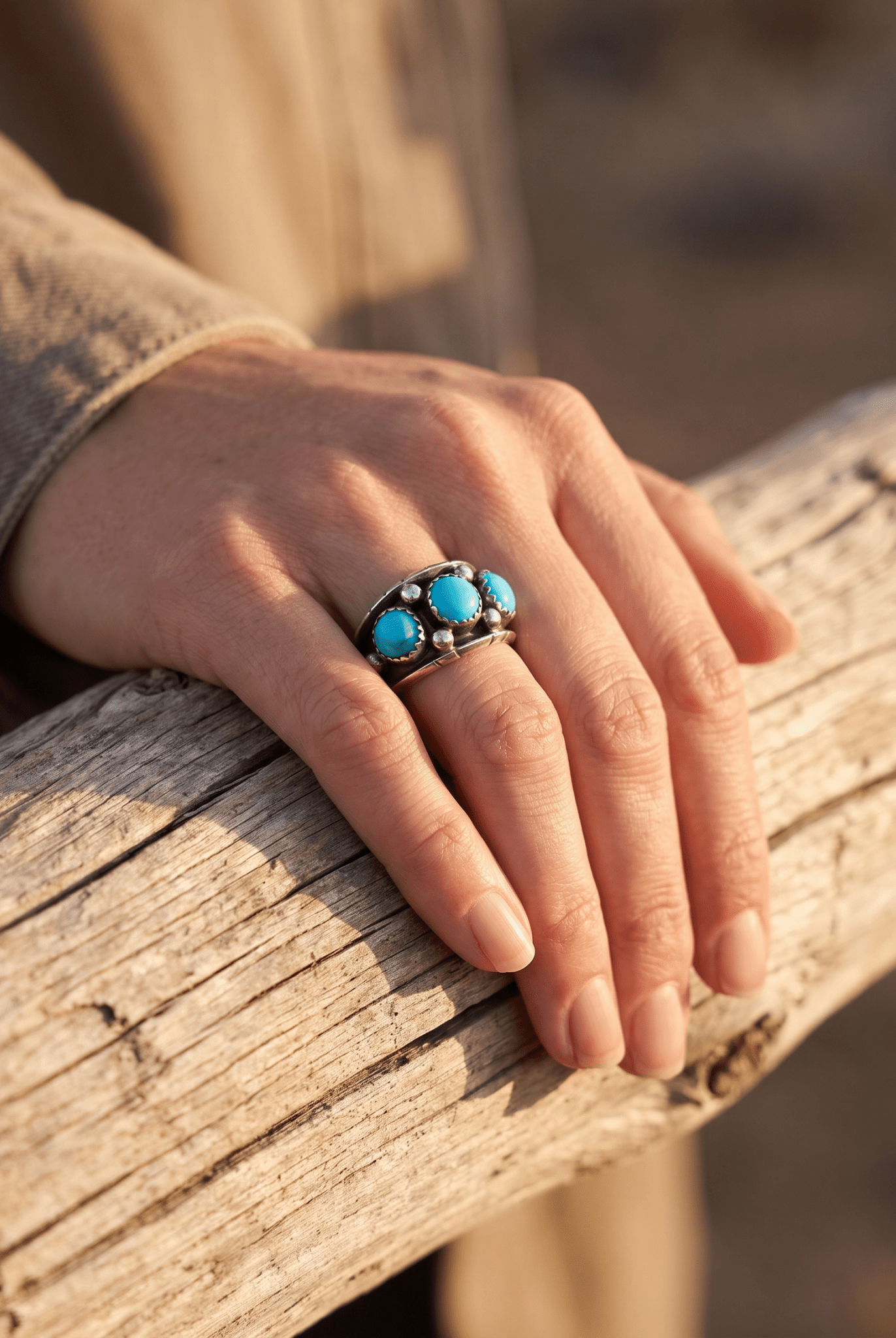 Reed Charley Navajo Kingman Turquoise Sterling Silver Ring - Cowhide and Conchos