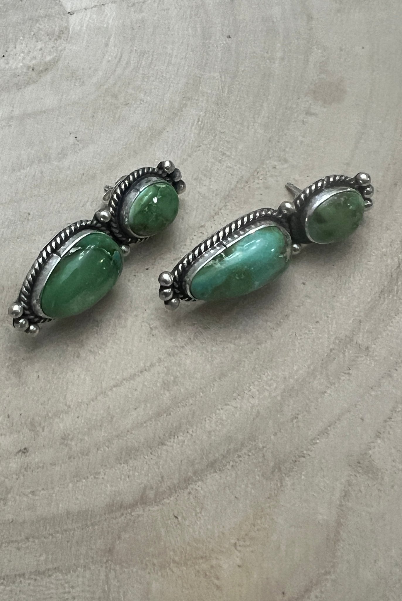 Rena Begay Navajo Sterling Silver Earrings with Sonoran Mountain Turquoise — 1 1/2" × 1/2" (R. Begay Hallmarked, Heirloom) - Cowhide and Conchos