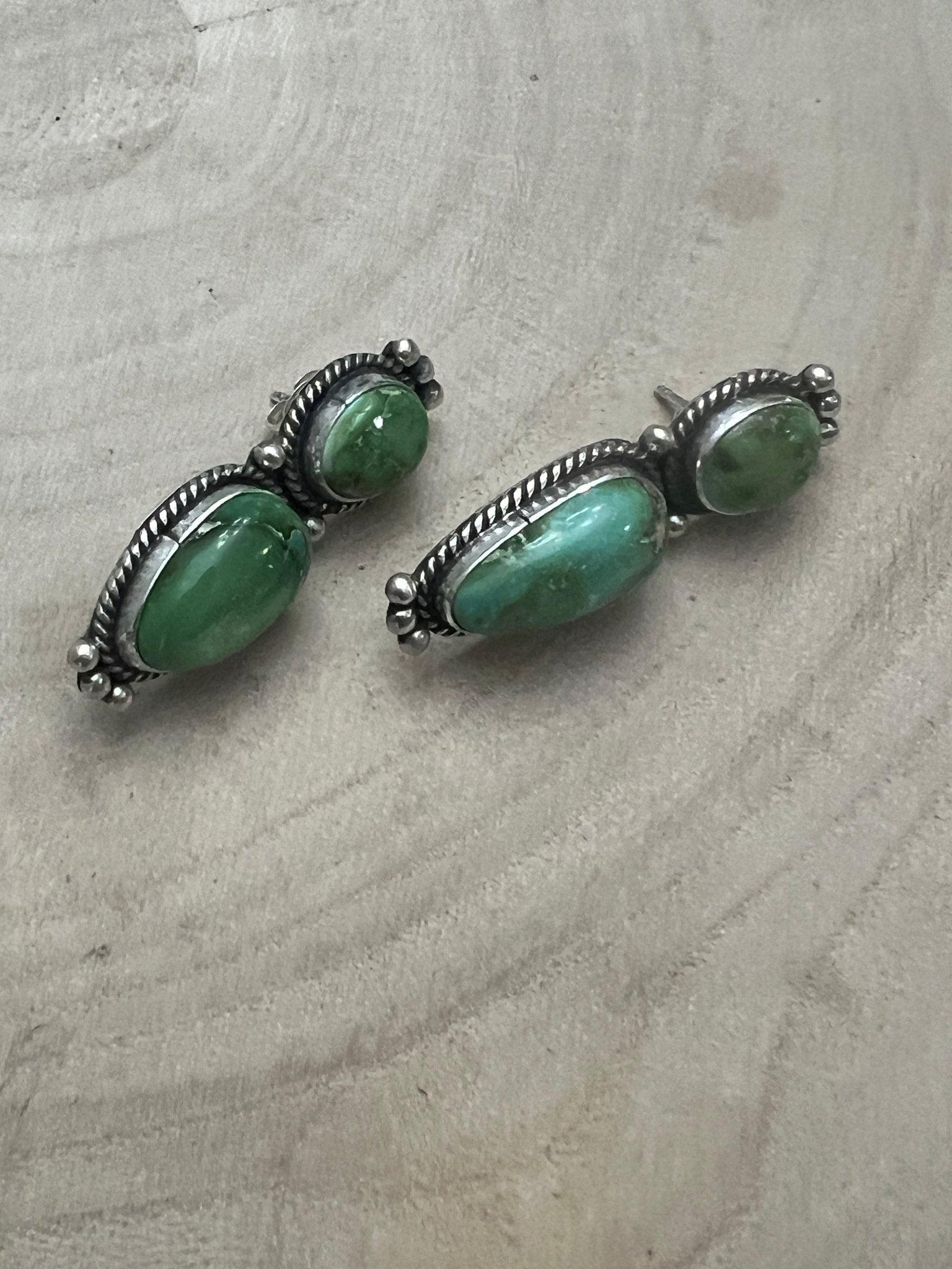 Rena Begay Navajo Sterling Silver Earrings with Sonoran Mountain Turquoise — 1 1/2" × 1/2" (R. Begay Hallmarked, Heirloom) - Cowhide and Conchos