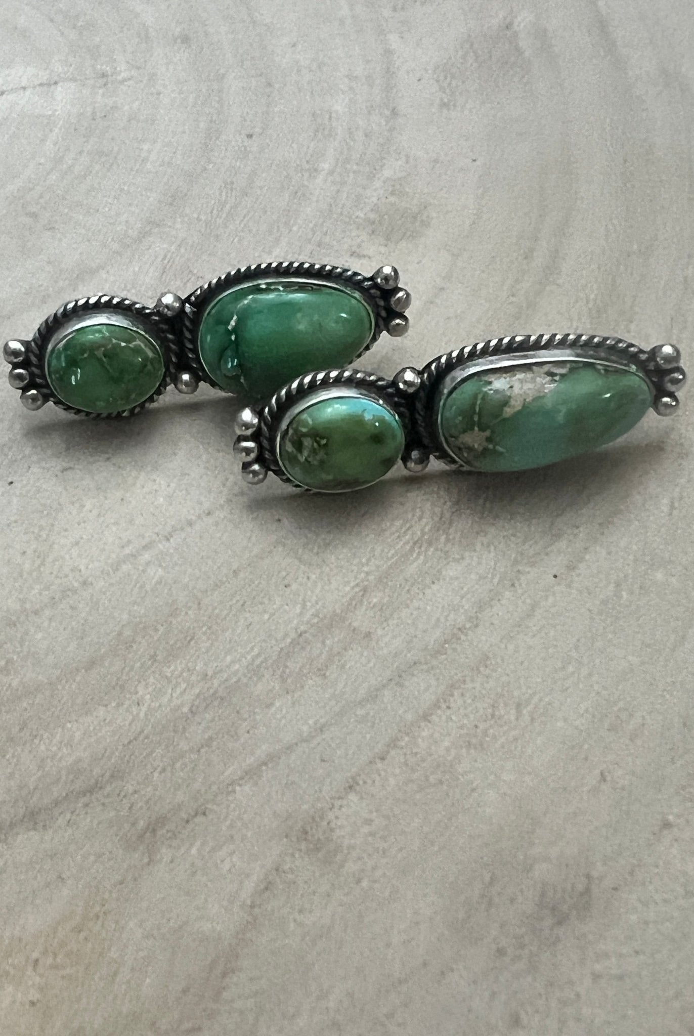 Rena Begay Navajo Sterling Silver Earrings with Sonoran Mountain Turquoise — 1 1/2" × 1/2" (R. Begay Hallmarked, Heirloom) - Cowhide and Conchos