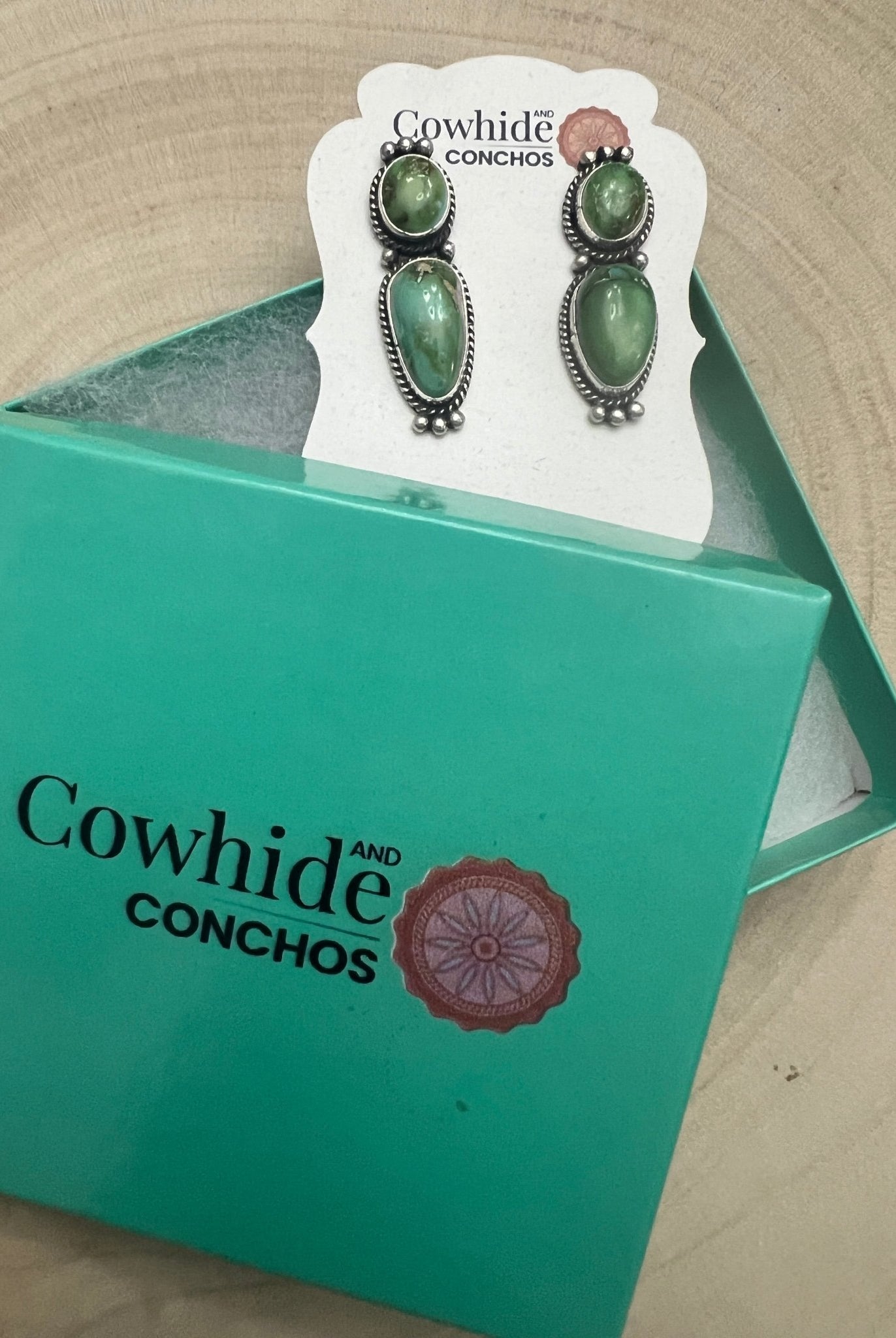 Rena Begay Navajo Sterling Silver Earrings with Sonoran Mountain Turquoise — 1 1/2" × 1/2" (R. Begay Hallmarked, Heirloom) - Cowhide and Conchos