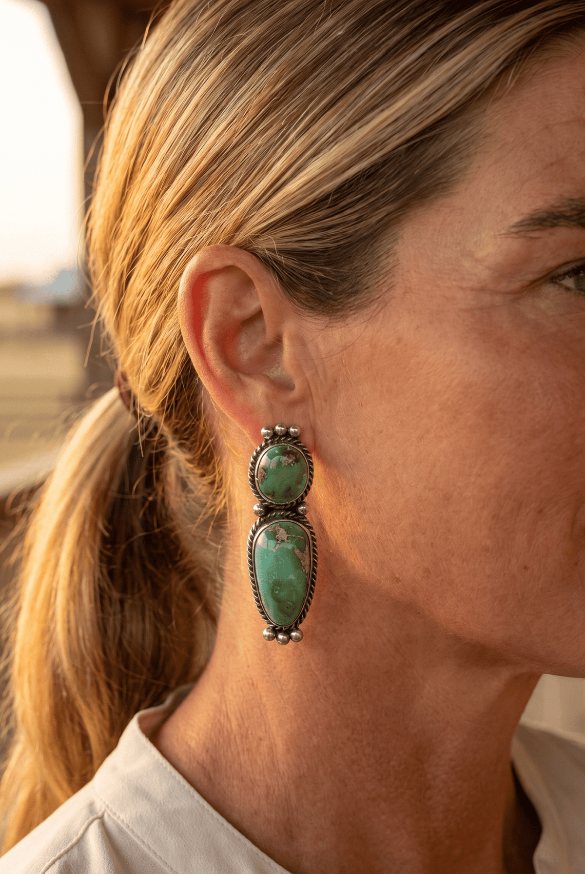 Rena Begay Navajo Sterling Silver Earrings with Sonoran Mountain Turquoise — 1 1/2" × 1/2" (R. Begay Hallmarked, Heirloom) - Cowhide and Conchos