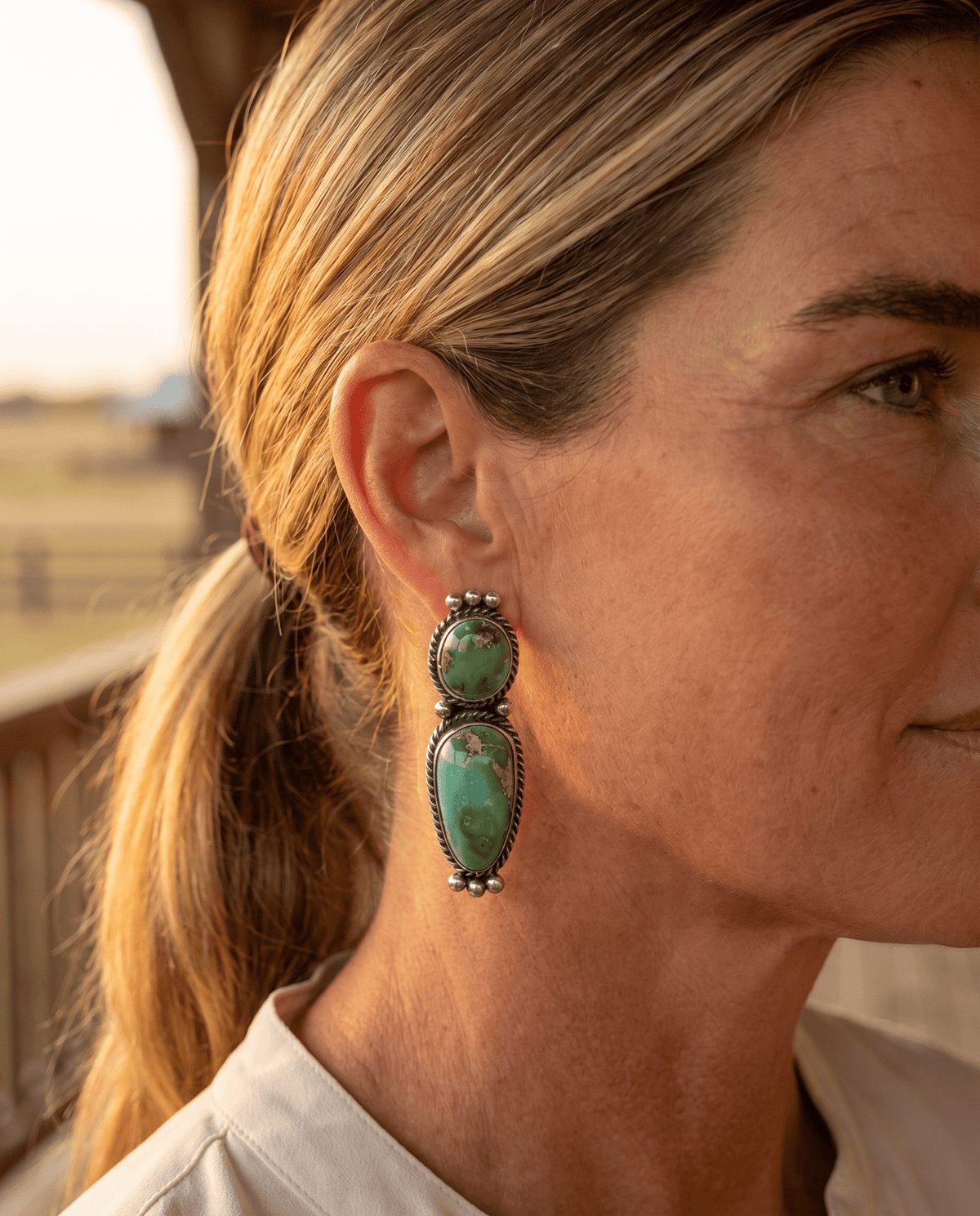 Rena Begay Navajo Sterling Silver Earrings with Sonoran Mountain Turquoise — 1 1/2" × 1/2" (R. Begay Hallmarked, Heirloom) - Cowhide and Conchos