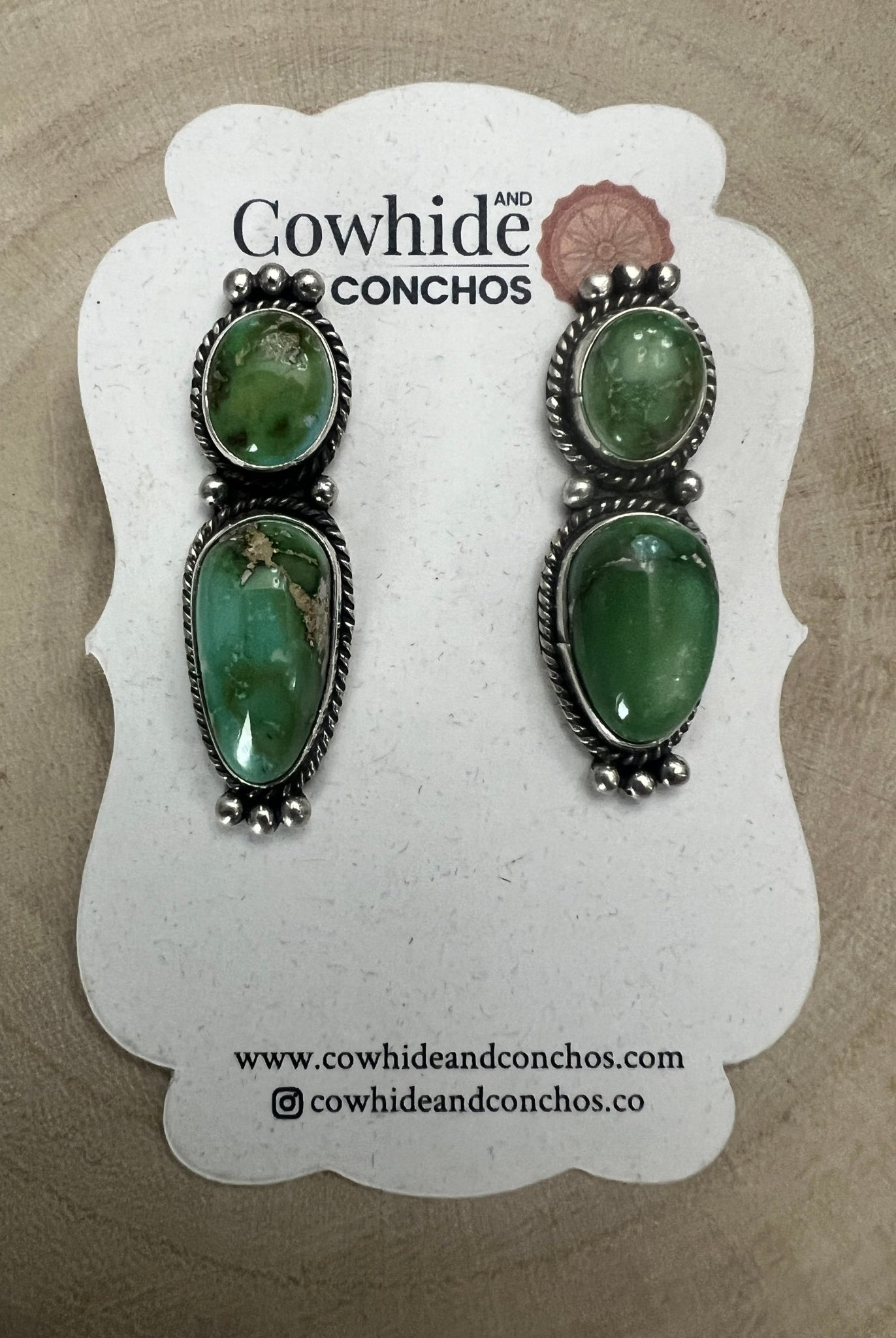Rena Begay Navajo Sterling Silver Earrings with Sonoran Mountain Turquoise — 1 1/2" × 1/2" (R. Begay Hallmarked, Heirloom) - Cowhide and Conchos