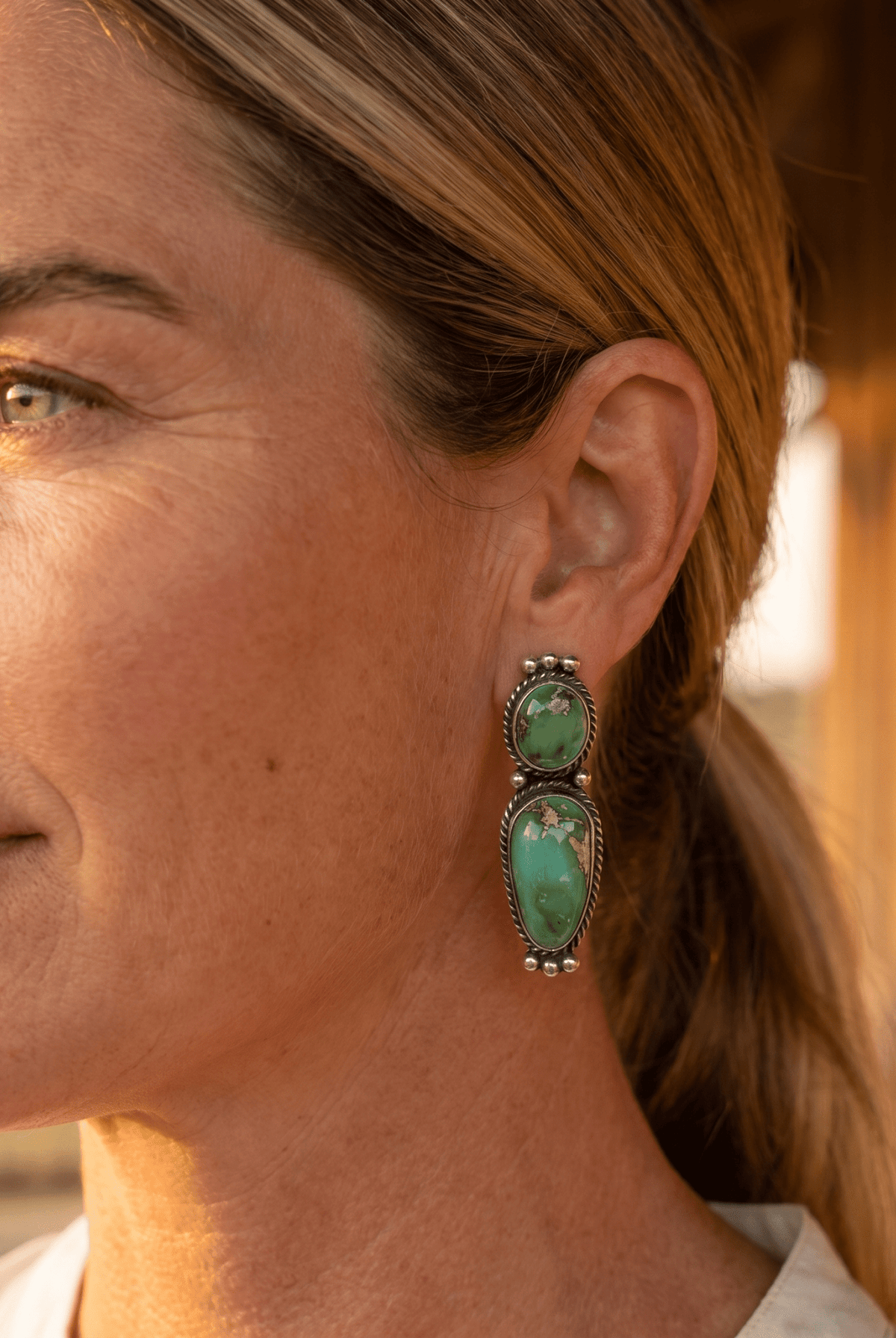 Rena Begay Navajo Sterling Silver Earrings with Sonoran Mountain Turquoise — 1 1/2" × 1/2" (R. Begay Hallmarked, Heirloom) - Cowhide and Conchos