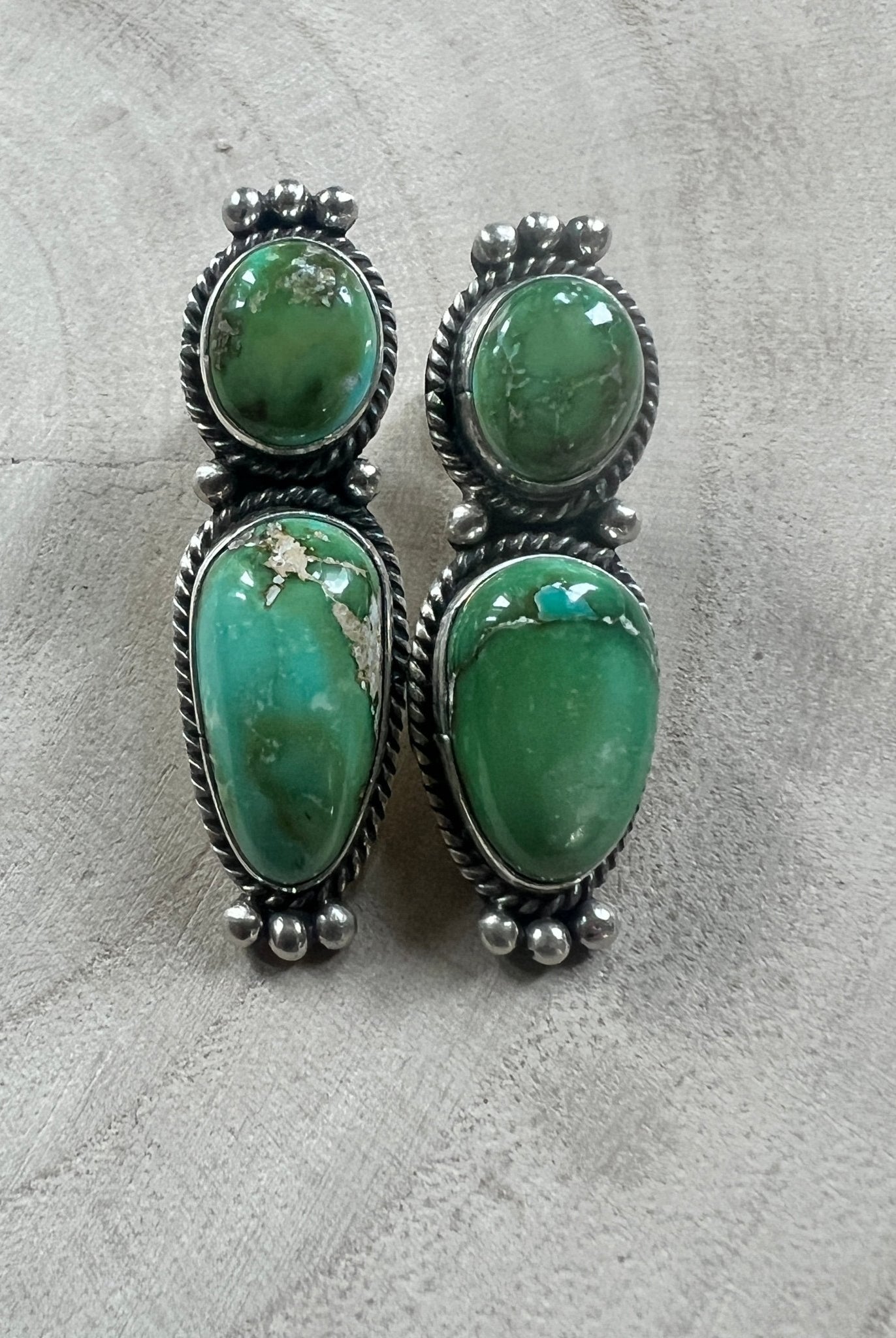 Rena Begay Navajo Sterling Silver Earrings with Sonoran Mountain Turquoise — 1 1/2" × 1/2" (R. Begay Hallmarked, Heirloom) - Cowhide and Conchos
