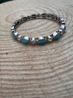 Rhinestone & Faux Turquoise Stretch Bracelet - Cowhide and Conchos