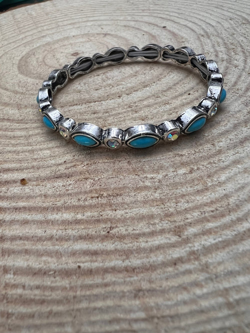 Rhinestone & Faux Turquoise Stretch Bracelet - Cowhide and Conchos