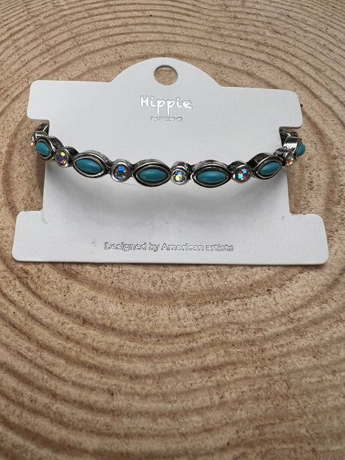 Rhinestone & Faux Turquoise Stretch Bracelet - Cowhide and Conchos