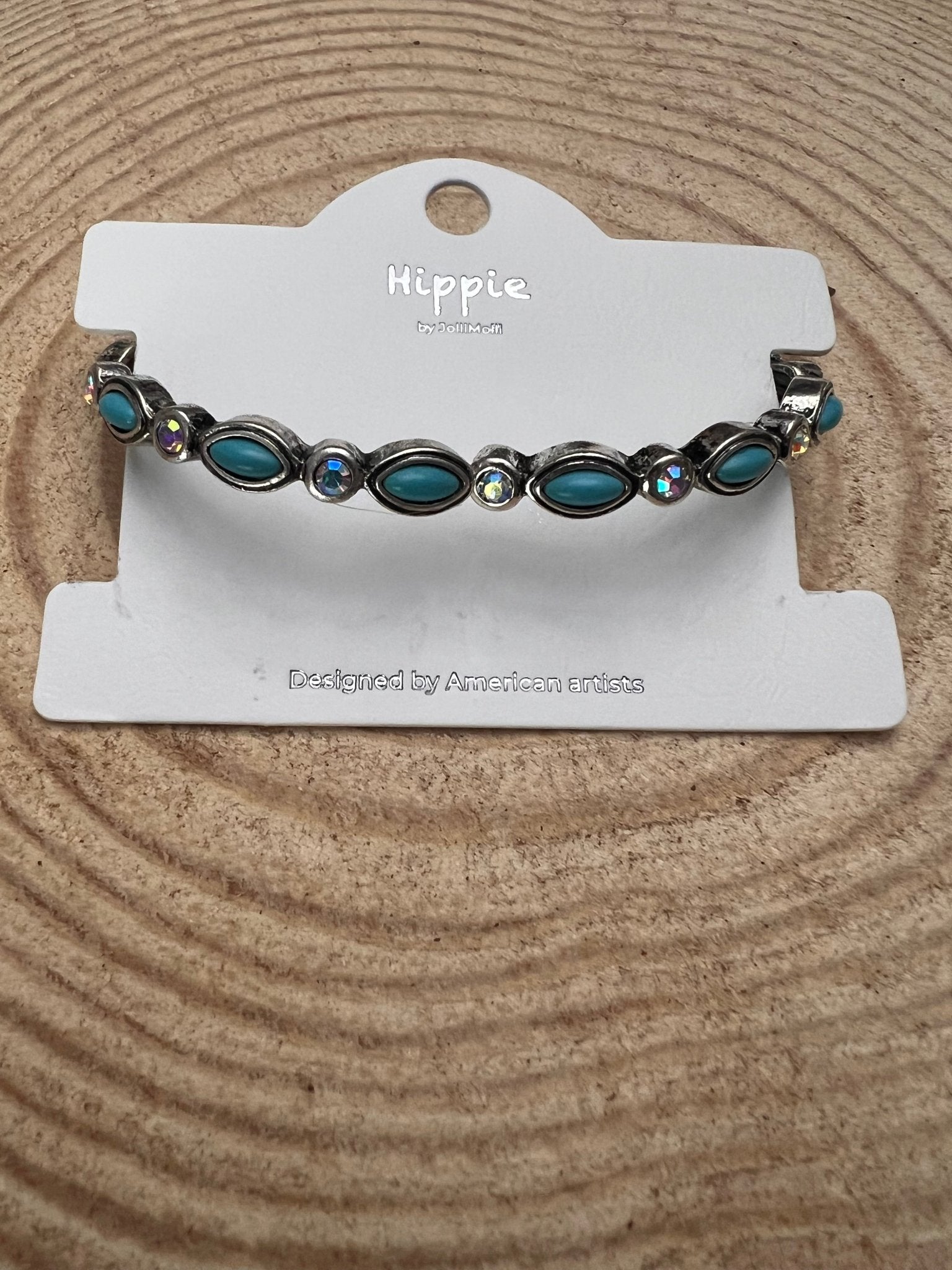 Rhinestone & Faux Turquoise Stretch Bracelet - Cowhide and Conchos