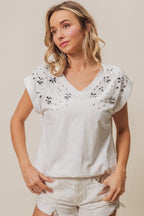 Rhinestone V Neck Top - Cowhide and Conchos
