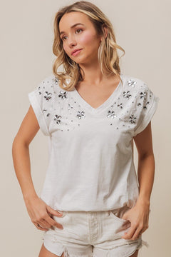 Rhinestone V Neck Top - Cowhide and Conchos