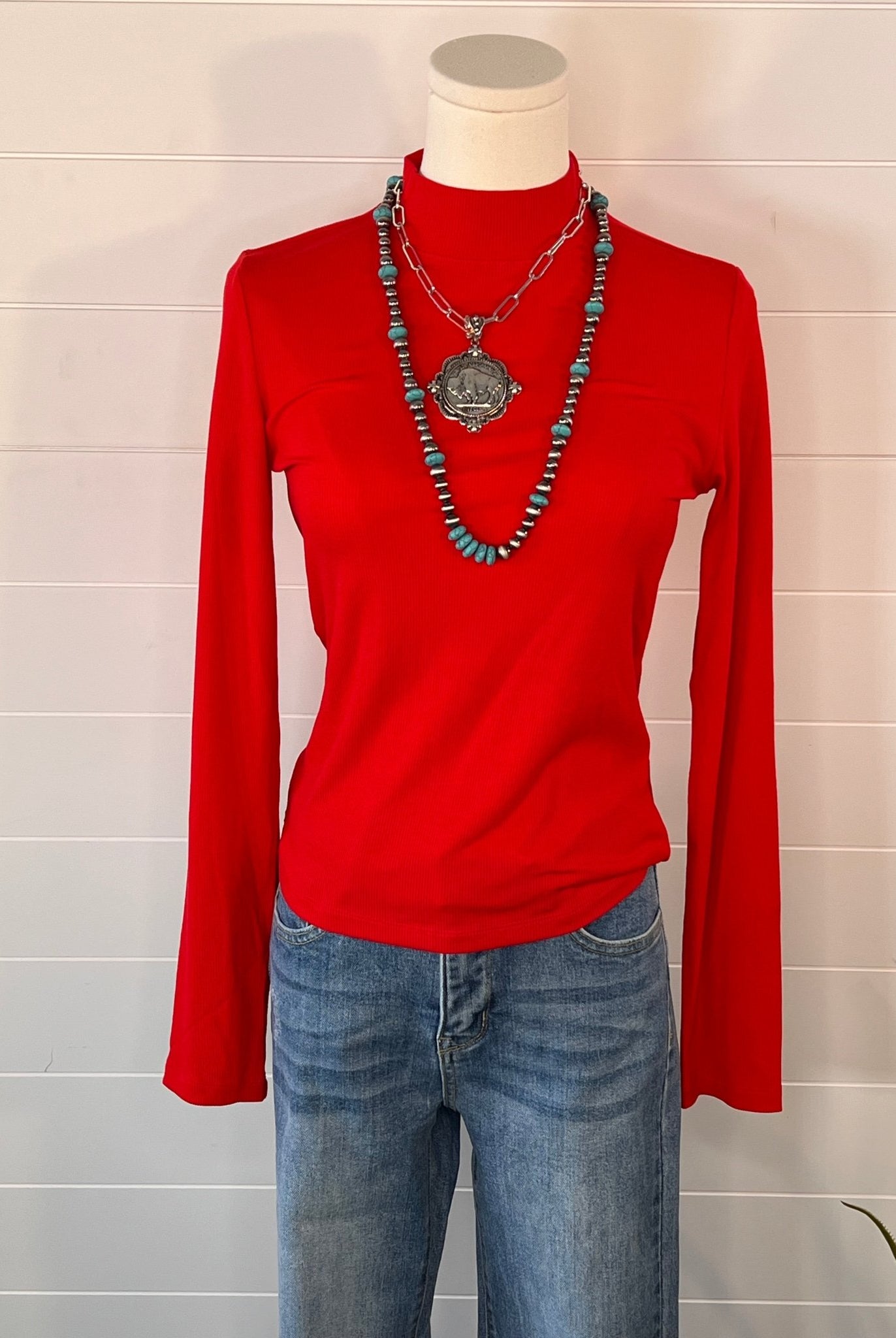 Ribbed Long Sleeve Mock Neck Top - Red, Teal, Black and brown - Cowhide and Conchos