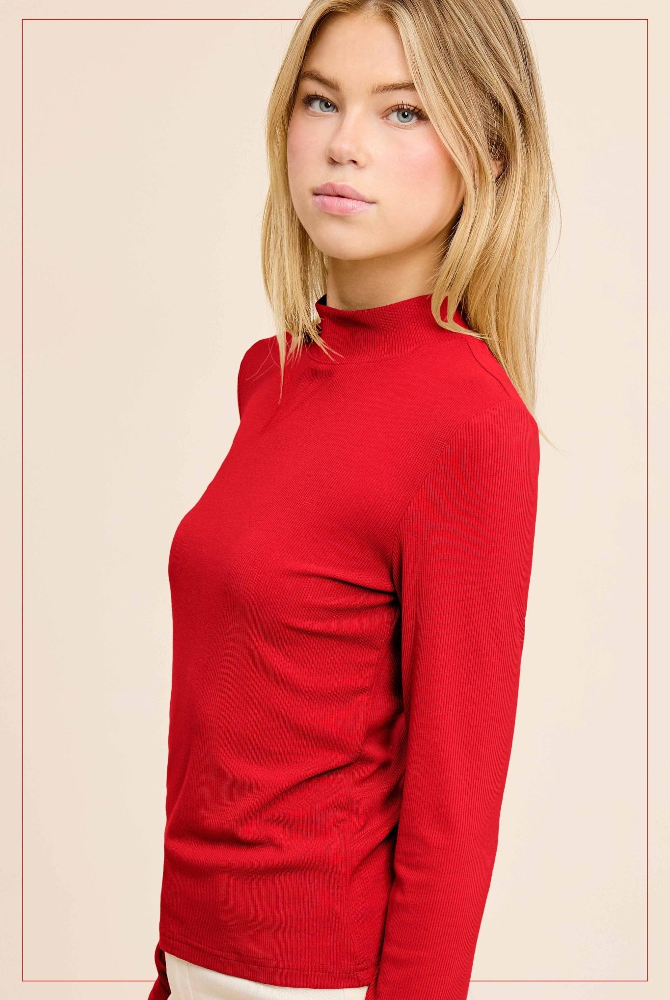 Ribbed Long Sleeve Mock Neck Top - Red, Teal, Black and brown - Cowhide and Conchos