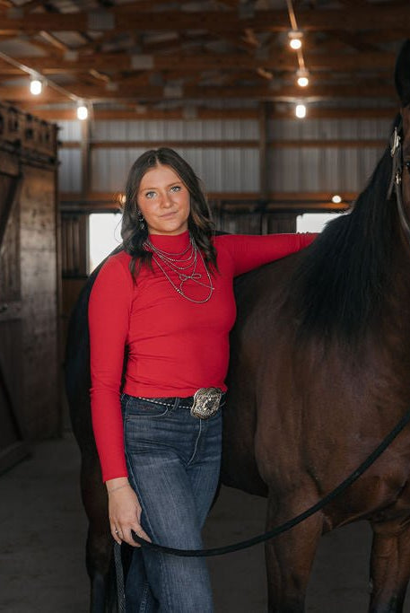 Ribbed Long Sleeve Mock Neck Top - Red, Teal, Black and brown - Cowhide and Conchos