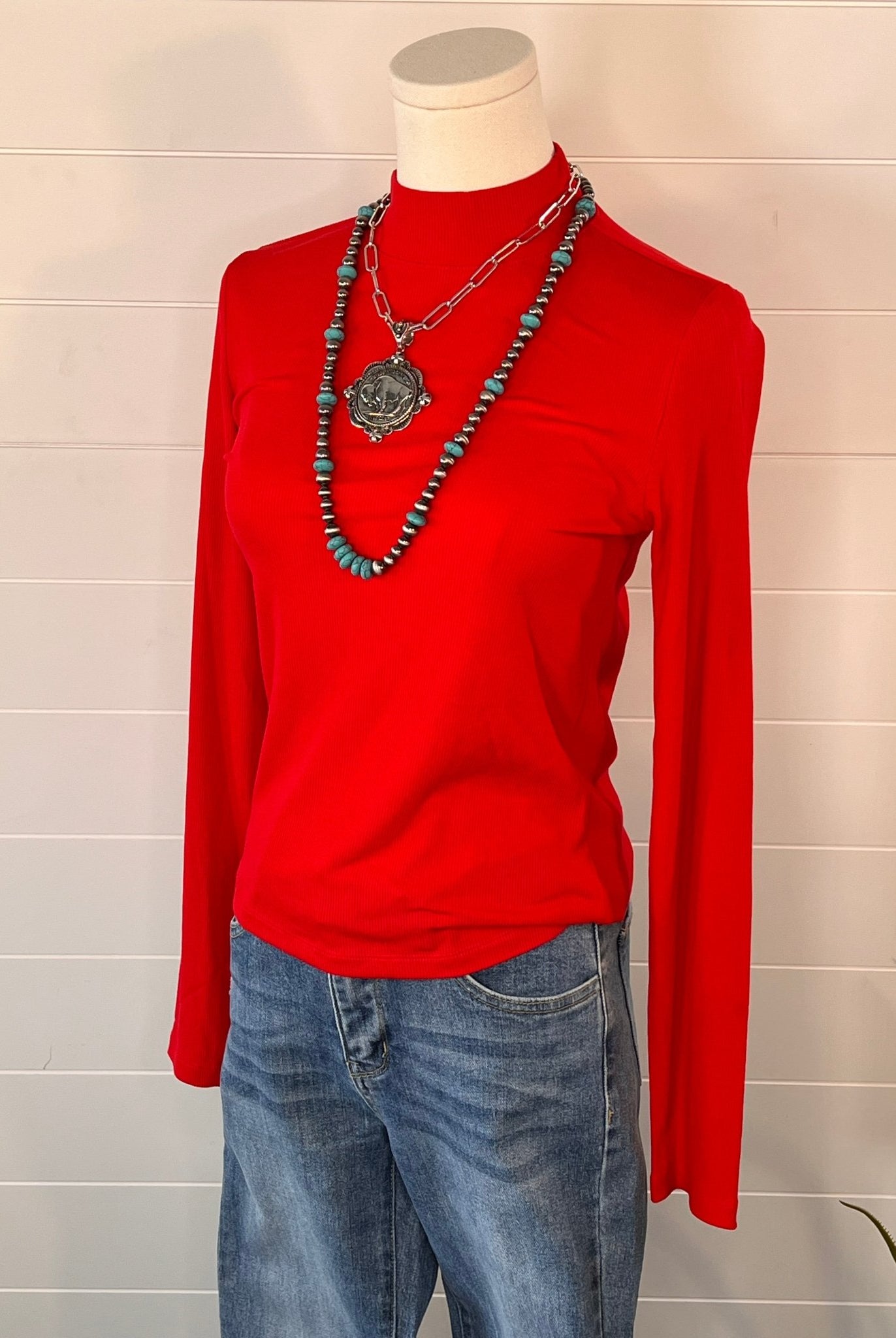Ribbed Long Sleeve Mock Neck Top - Red, Teal, Black and brown - Cowhide and Conchos