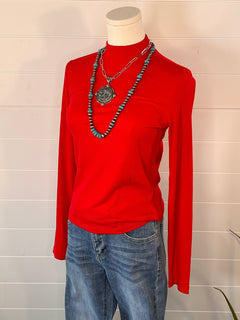 Ribbed Long Sleeve Mock Neck Top - Red, Teal, Black and brown - Cowhide and Conchos