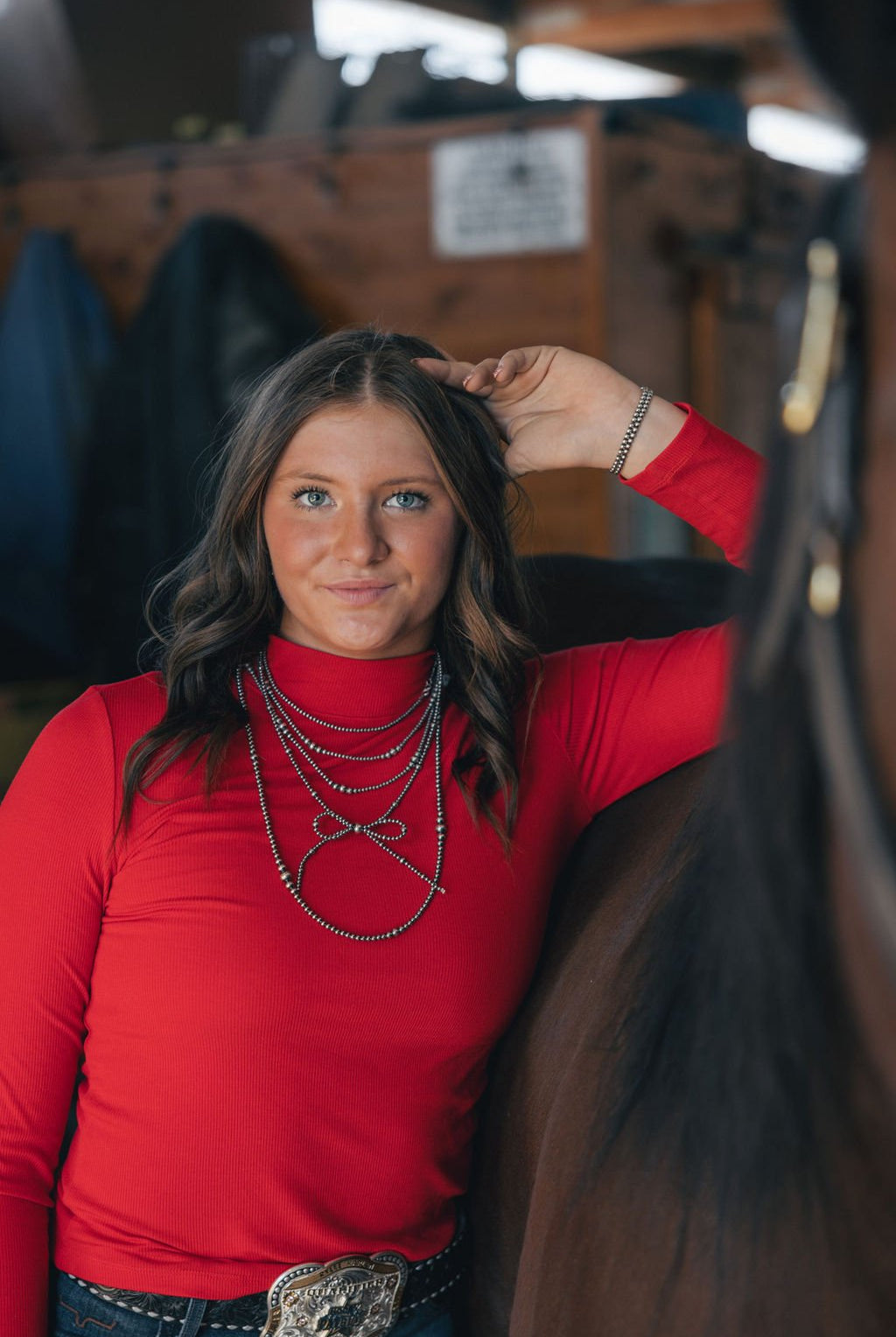 Ribbed Long Sleeve Mock Neck Top - Red, Teal, Black and brown - Cowhide and Conchos