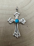 Rick Tolino Handmade Kingman Turquoise Cross Pendant - Cowhide and Conchos