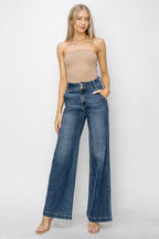 Risen High Rise Double Button Wide Leg Jeans - Cowhide and Conchos