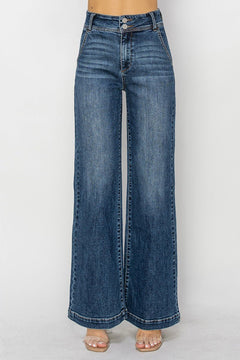 Risen High Rise Double Button Wide Leg Jeans - Cowhide and Conchos