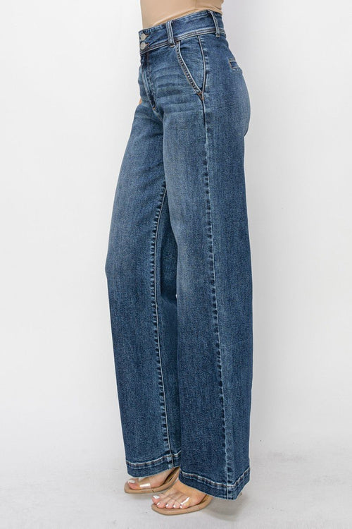 Risen High Rise Double Button Wide Leg Jeans - Cowhide and Conchos